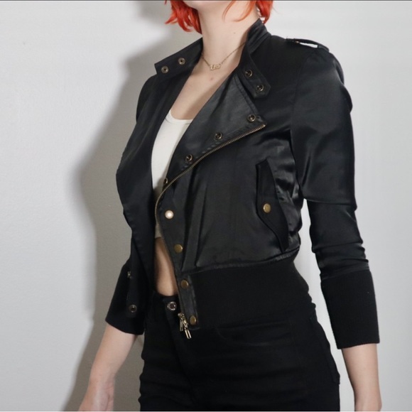 Gold Buttoned Silky Black Biker Jacket - Picture 6 of 16